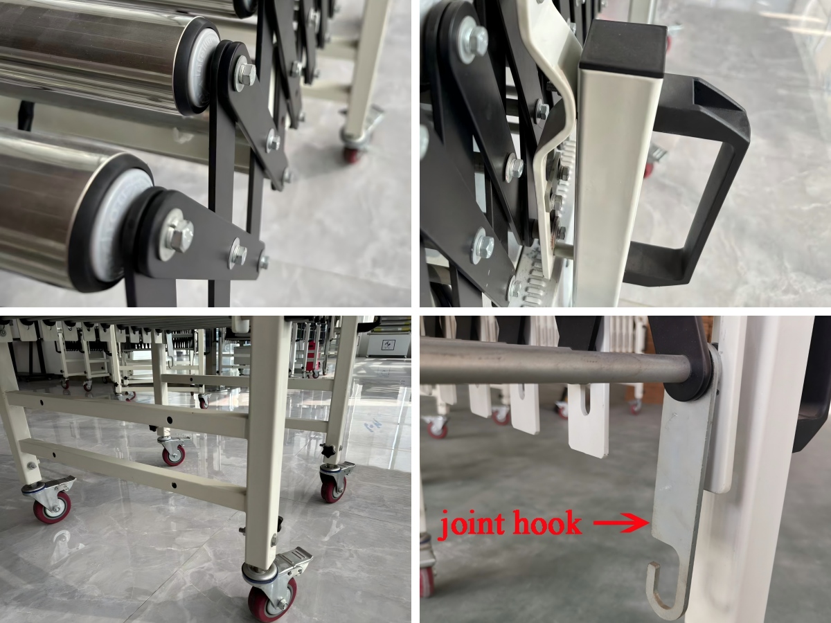 details of flexible expandable gravity roller conveyor detalhes do transportador de rolos por gravidade expansível flexível