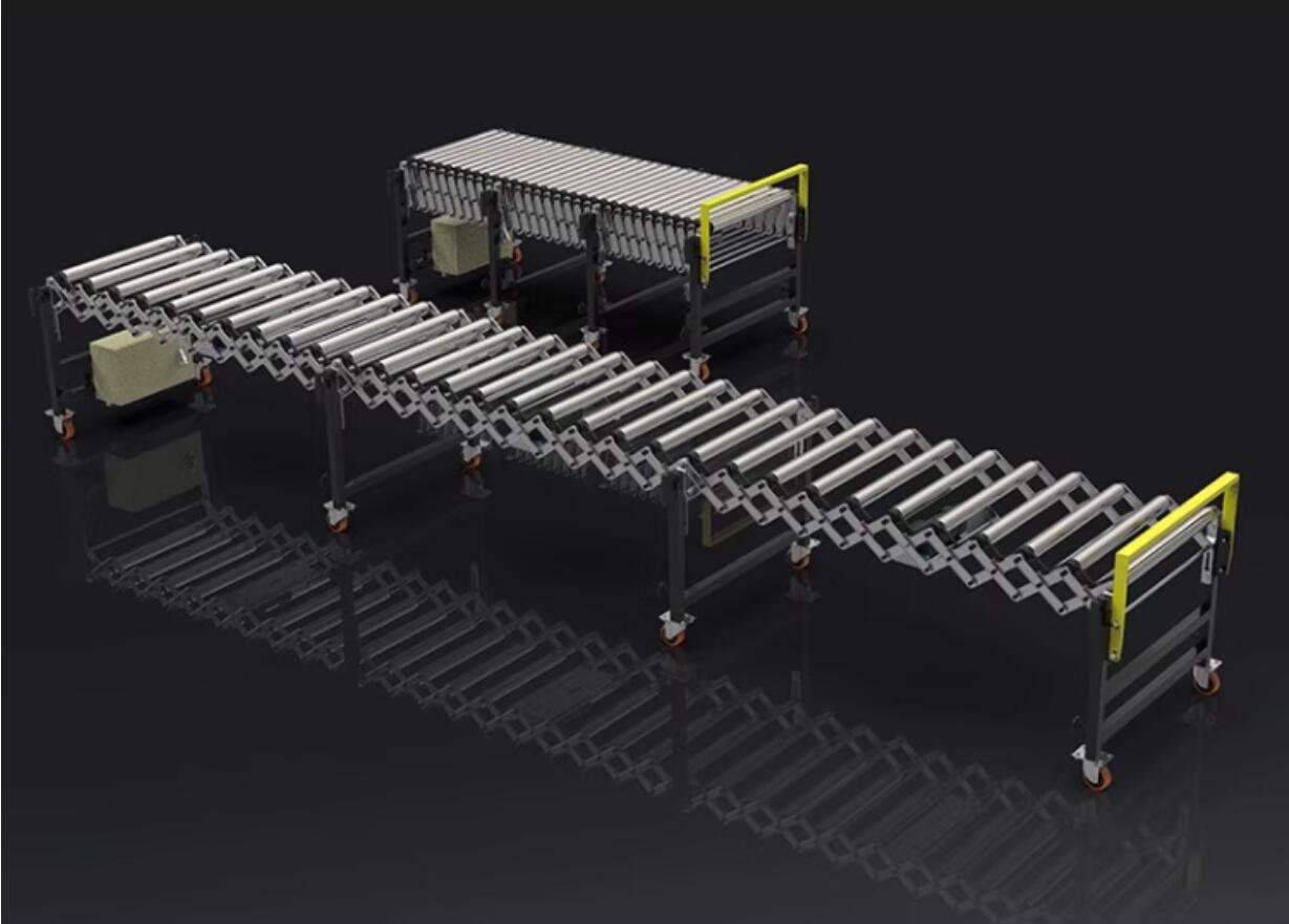 flexible expandable gravity roller conveyor – comparison of retracted and extended states transportador de rolos por gravidade flexível e expansível – comparação entre estados retraído e estendido