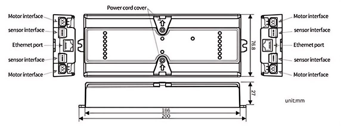 Dimens&otilde;es e interface do controlador de rolo de acionamento do motor H100 