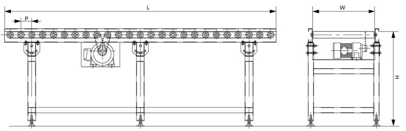 Transportador de rolos acionado por correia O groove