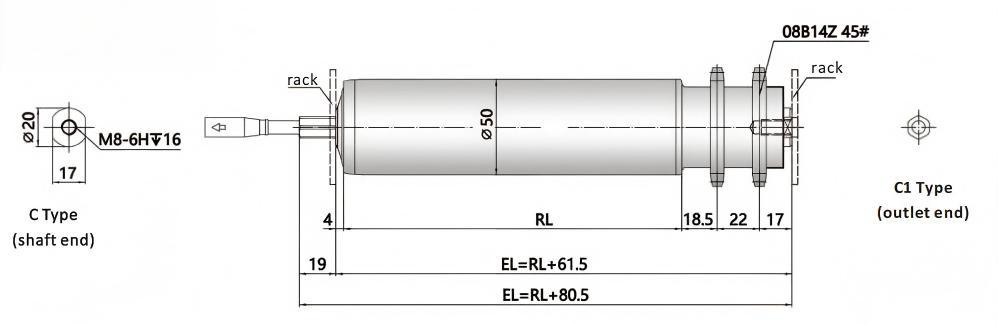 Dimens&otilde;es do rolo acionado por motor de roda dentada DGBL50A
