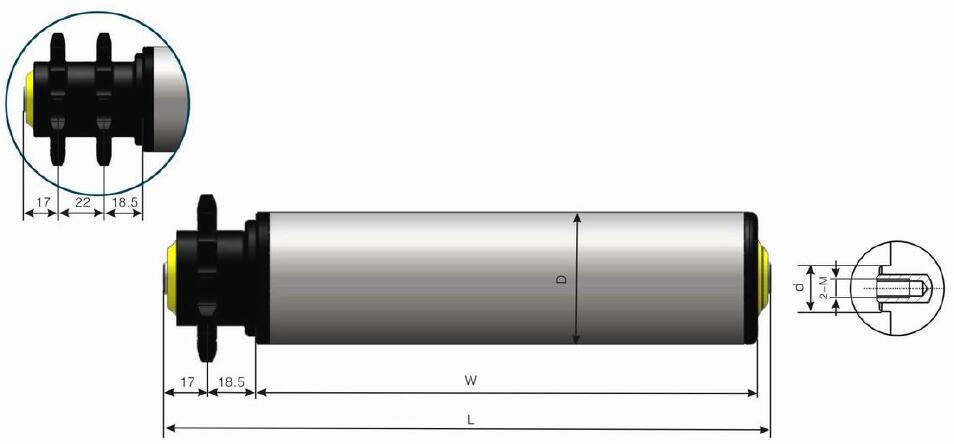Rolo transportador de a&ccedil;o zincado com roda dentada de pl&aacute;stico para servi&ccedil;o m&eacute;dio DR214
