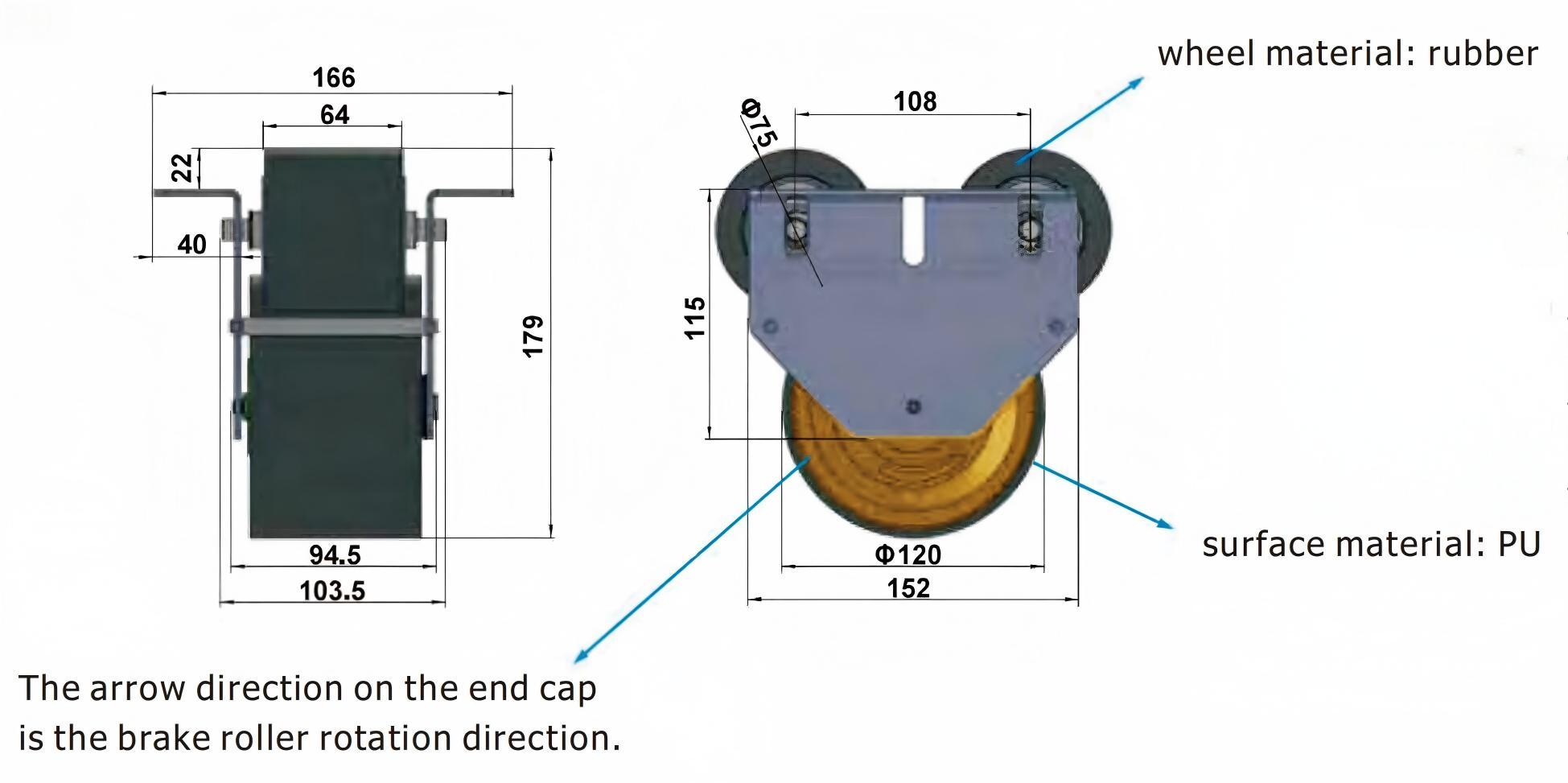 Dimens&otilde;es e materiais do rolo de freio drop-in