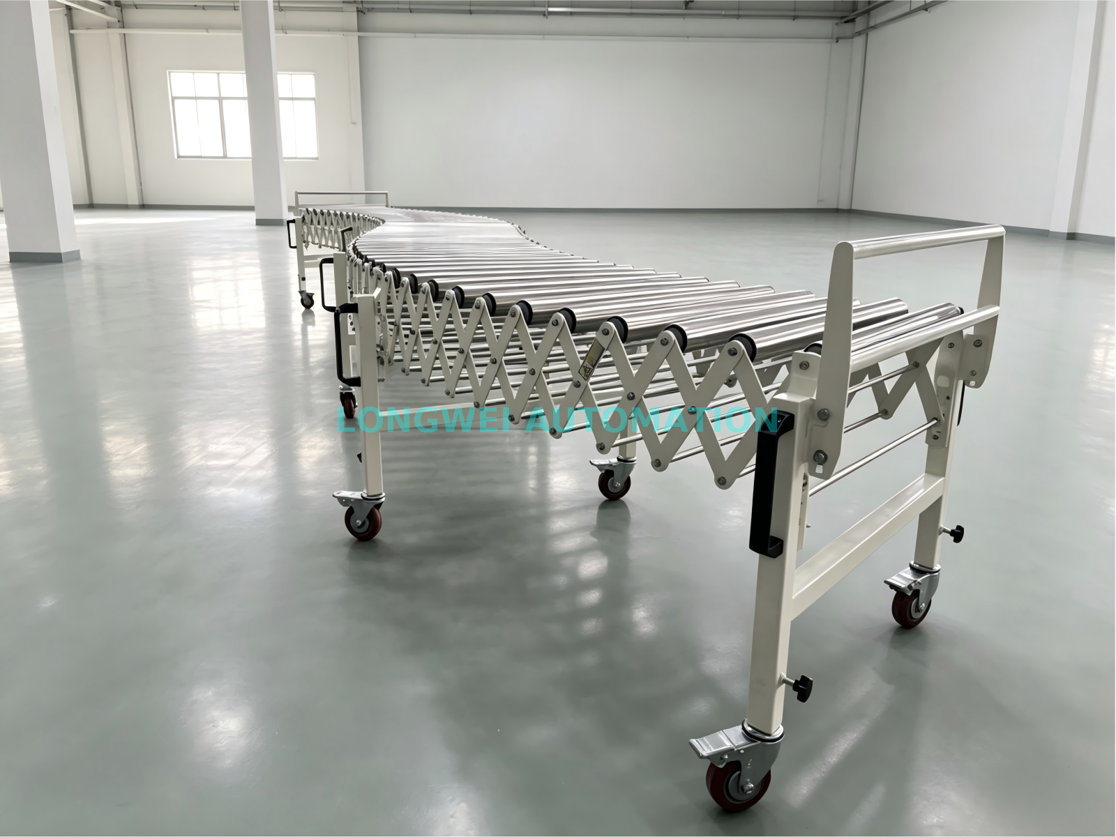 Transportador de rolo de gravidade expansível flexível de rotação 360 para armazém